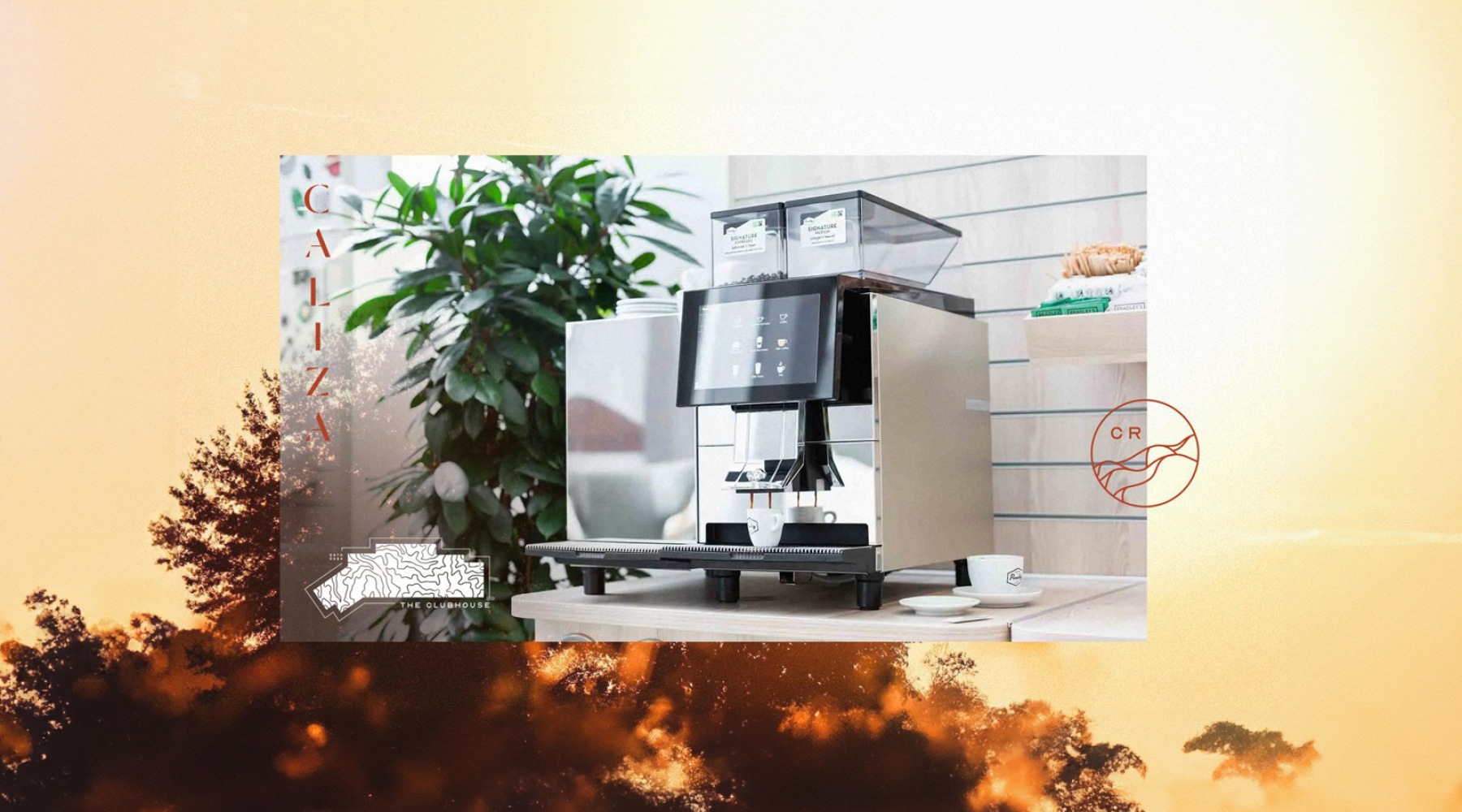 edited graphic showing a coffee machine and some sunset themes
