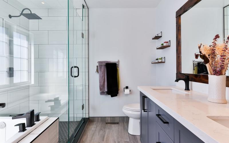 a bathroom with a glass shower